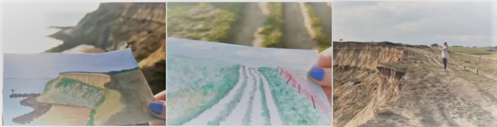 Three images, the first is a post card of cliffs, the second is a post card of a dirt pathway, the third is a woman stood on the lane, over looking the cliffs